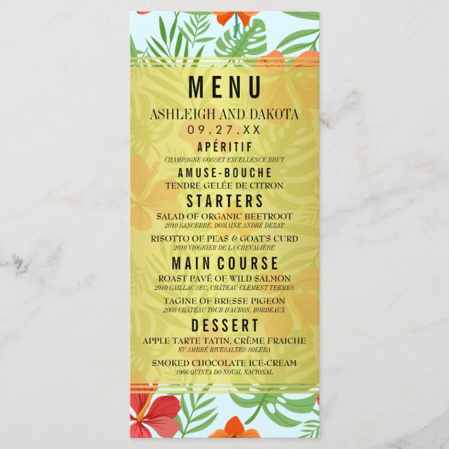 Hibiscus and Palm Leaves Wedding Menu (Front)