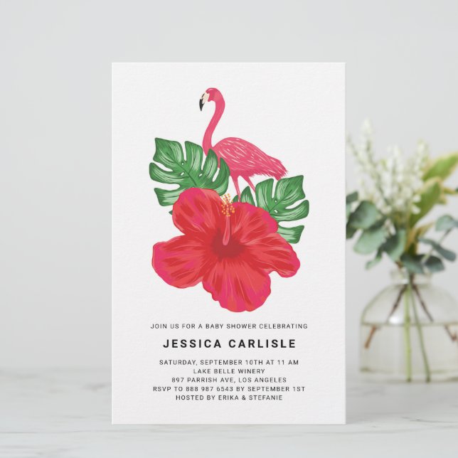 Hibiscus and Pink Flamingo Baby Shower Invitation (Standing Front)
