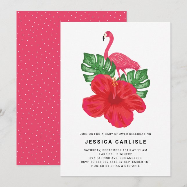 Hibiscus and Pink Flamingo Tropical Baby Shower Invitation (Front/Back)