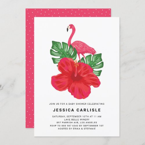 Hibiscus and Pink Flamingo Tropical Baby Shower Invitation