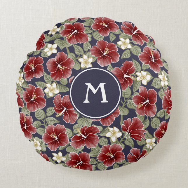 Hibiscus and Plumeria - Maroon Round Pillow (Front)