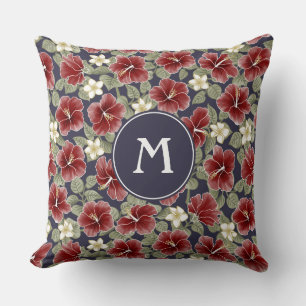 Hibiscus and Plumeria - Maroon Throw Pillow