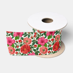 Hibiscus and Rose Botanical Pattern Satin Ribbon