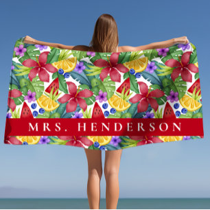 Hibiscus and Tropical Leaves Personalized Name Beach Towel