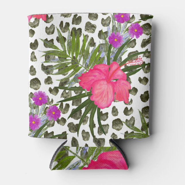 Hibiscus Animal: Watercolor Seamless Pattern. Can Cooler (Front)