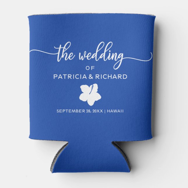 Hibiscus Beach Destination Wedding Royal Blue Can Cooler (Front)