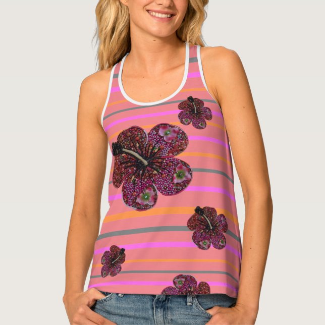Hibiscus Beads Mosaic Hor. Stripes A-O-P Tank Top (Front)