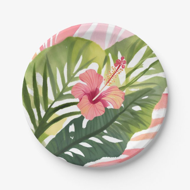 Hibiscus Beauty | Tropical Flower Watercolor Paper Plates (Front)