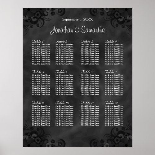 Hibiscus Black 12 Tables Wedding Seating Chart
