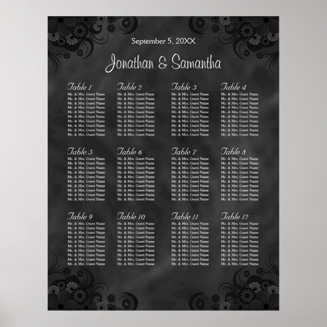 Hibiscus Black 12 Tables Wedding Seating Chart (Front)