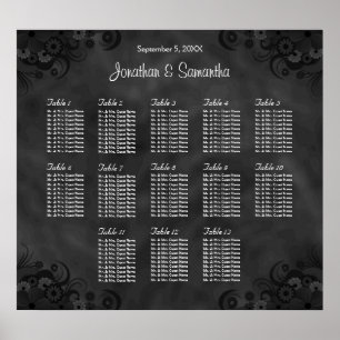 Hibiscus Black 13 Tables Wedding Seating Chart