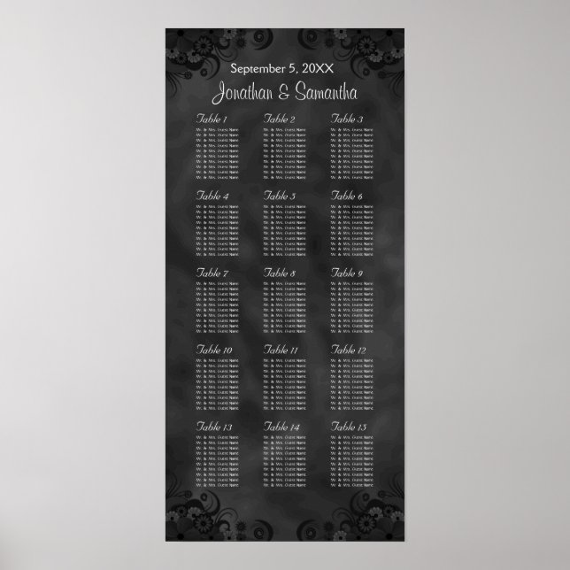 Hibiscus Black 15 Tables Wedding Seating Chart (Front)