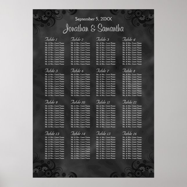 Hibiscus Black 16 Tables Wedding Seating Chart (Front)