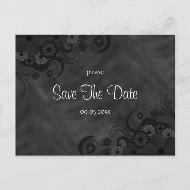 Hibiscus Black Floral Goth Save The Date Postcards (Front)