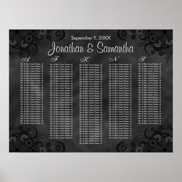 Hibiscus Black Floral Wedding Table Seating Charts Poster