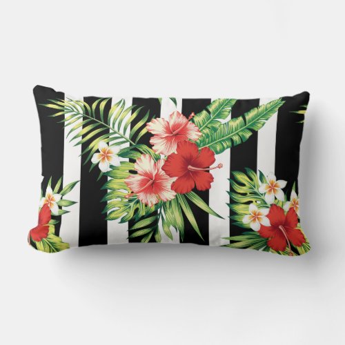 Hibiscus  Black  White Stripes Background Lumbar Pillow