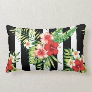Hibiscus & Black & White Stripes Background Lumbar Pillow