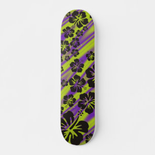 hibiscus blooms in black green violet waves skateboard deck