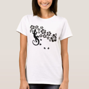 hibiscus blooms in black with Gecko T-Shirt