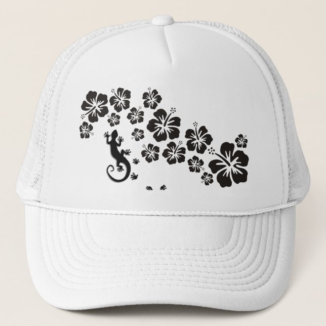 hibiscus blooms in black with Gecko Trucker Hat (Front)