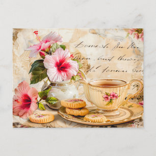 Hibiscus Blossoms with Fantasy Script and Tea Cup Postcard