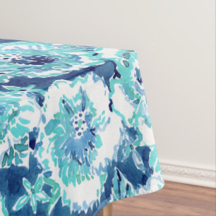HIBISCUS BOUNTY Blue Tropical Hawaiian Floral Tablecloth