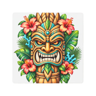 Hibiscus Crown Tiki Guardian Metal Wall Art