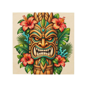 Hibiscus Crown Tiki Guardian Wood Wall Art