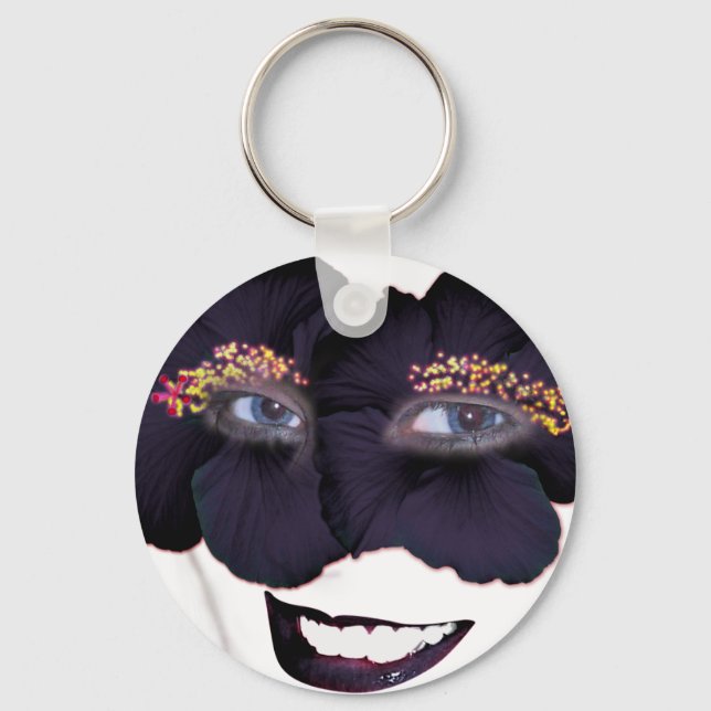 Hibiscus Face with Smile - Black/Purple Keychain (Front)