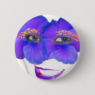 Hibiscus Face with Smile - Blue Pinback Button