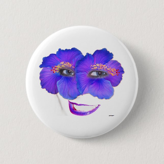 Hibiscus Face with Smile - Blue Pinback Button (Front)