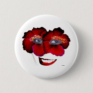 Hibiscus Face with Smile - Red & Black Pinback Button
