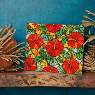 Hibiscus Faux Stained Glass Red Gold Green Plaque