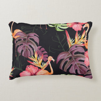 Hibiscus, Flamingos, Watercolor Tropical Pattern. Accent Pillow