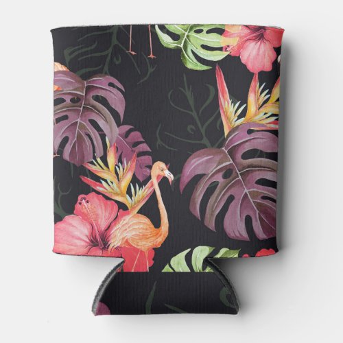 Hibiscus Flamingos Watercolor Tropical Pattern Can Cooler
