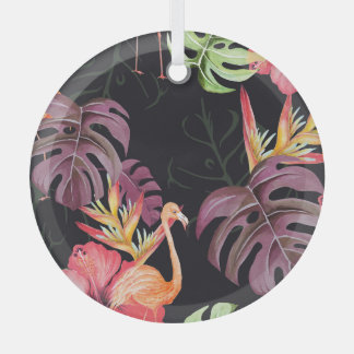 Hibiscus, Flamingos, Watercolor Tropical Pattern. Glass Ornament
