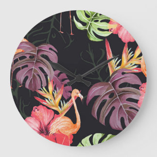 Hibiscus, Flamingos, Watercolor Tropical Pattern. Large Clock