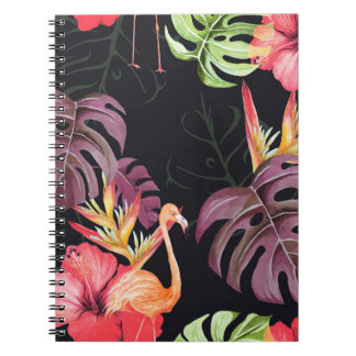 Hibiscus, Flamingos, Watercolor Tropical Pattern. Notebook