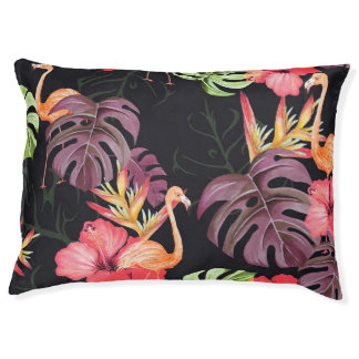 Hibiscus, Flamingos, Watercolor Tropical Pattern. Pet Bed