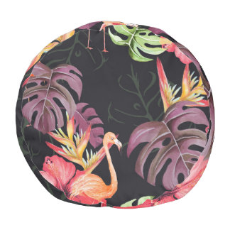 Hibiscus, Flamingos, Watercolor Tropical Pattern. Pouf