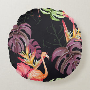 Hibiscus, Flamingos, Watercolor Tropical Pattern. Round Pillow