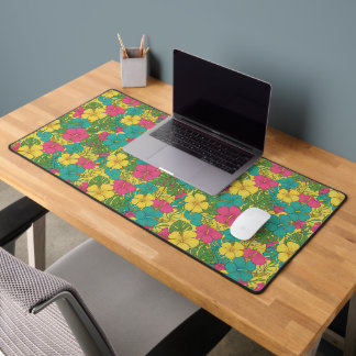 Hibiscus Floral Burst | Pink Yellow Teal Desk Mat
