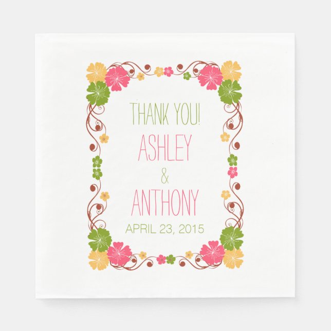 Hibiscus Floral Frame Personalized Wedding Paper Napkins (Front)