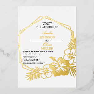 Hibiscus Floral Hexagon Frame Wedding Gold Foil Invitation