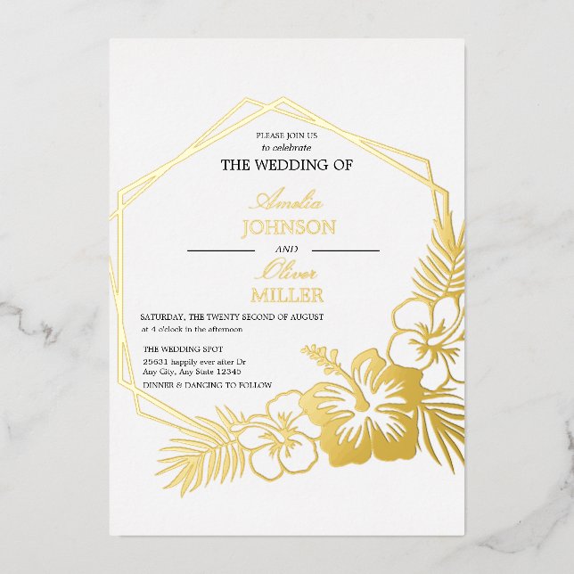 Hibiscus Floral Hexagon Frame Wedding Gold Foil Invitation (Front)