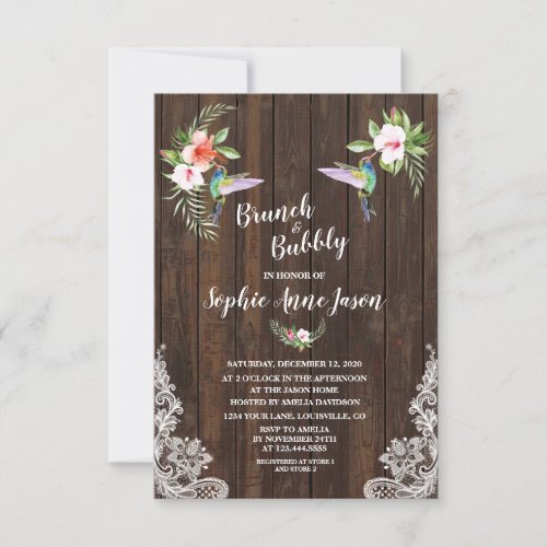 Hibiscus Floral Hummingbird Wood Brunch and Bubbly Invitation