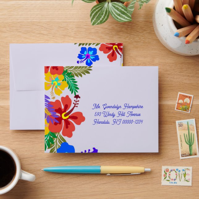 Hibiscus Floral Lavender Address Template Envelope (Desk)