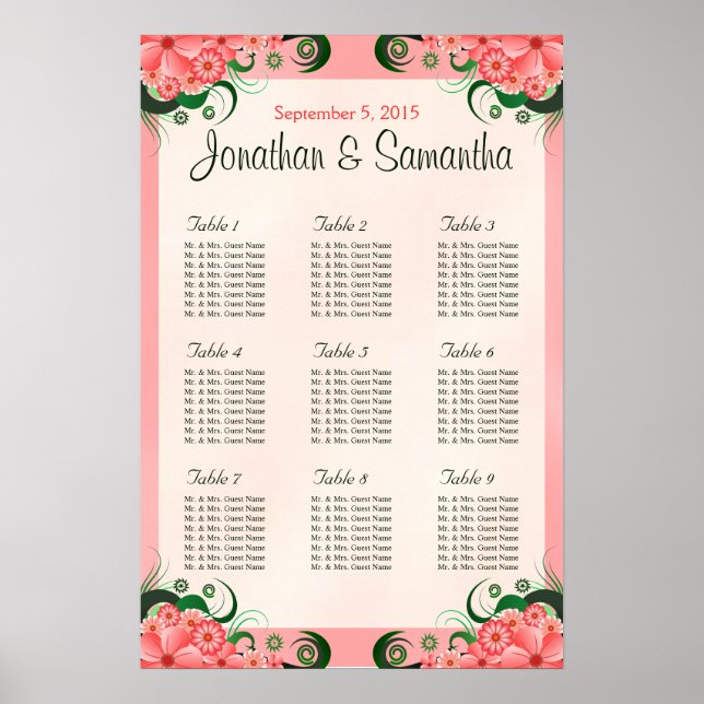 Hibiscus Floral Pink 9 Table Wedding Seating Chart (Front)