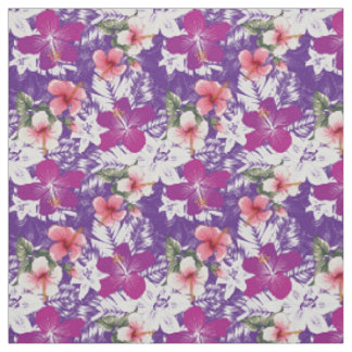 Hibiscus floral print purple pink white and green fabric