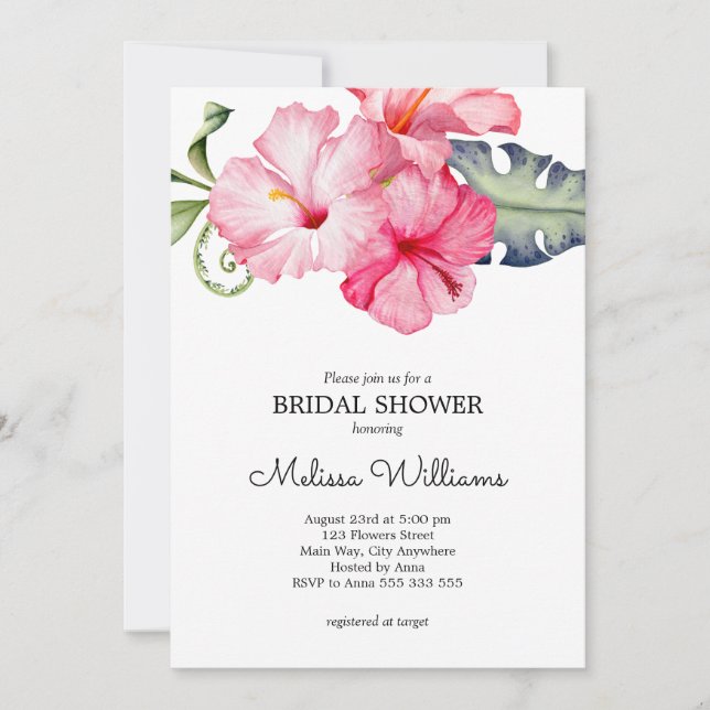 Hibiscus Floral Watercolor Romantic Bridal Shower Invitation (Front)